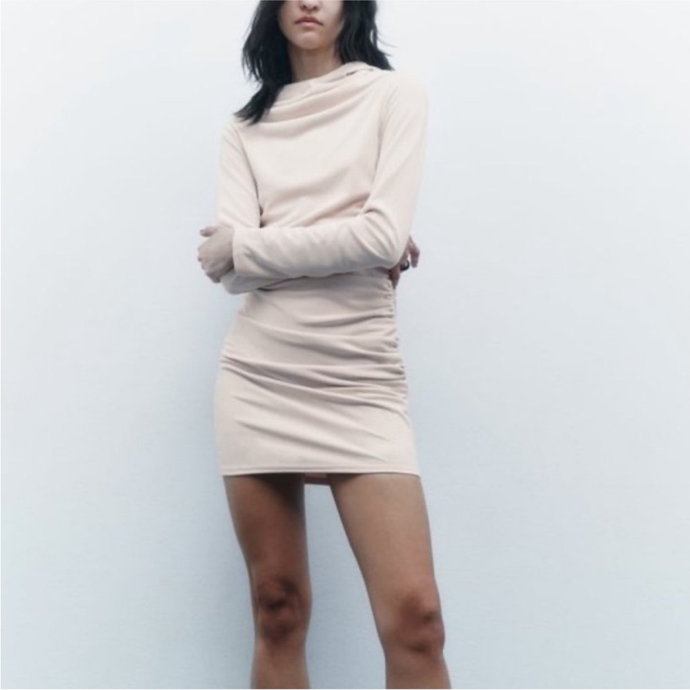 Zara Women’s Pink Cream Color Hooded Dress With Back Out